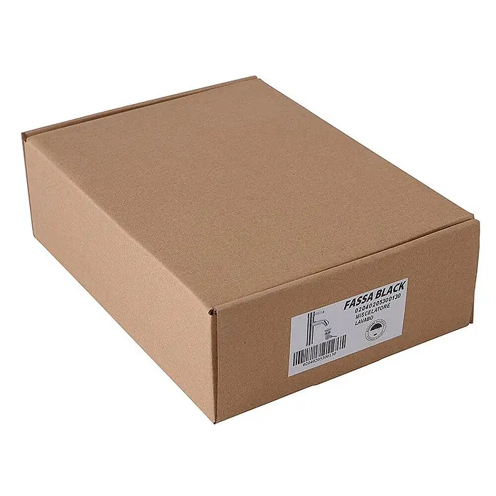 Kiamami Valentina Waschtischarmatur - Schwarz - Brauner Karton für einen Fassa Black Waschtischmischer mit Produktinformationen auf einem Etikett.