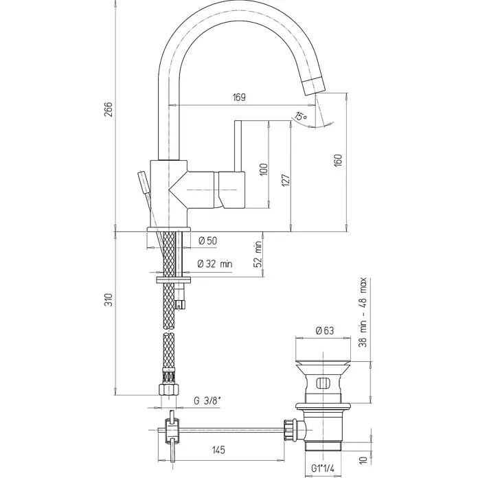 Kiamami Valentina Waschtischarmatur - Silber - Technische Zeichnung einer Küchenarmatur mit hohem Bogenauslauf und passender Abflusseinheit, mit Hauptabmessungen.