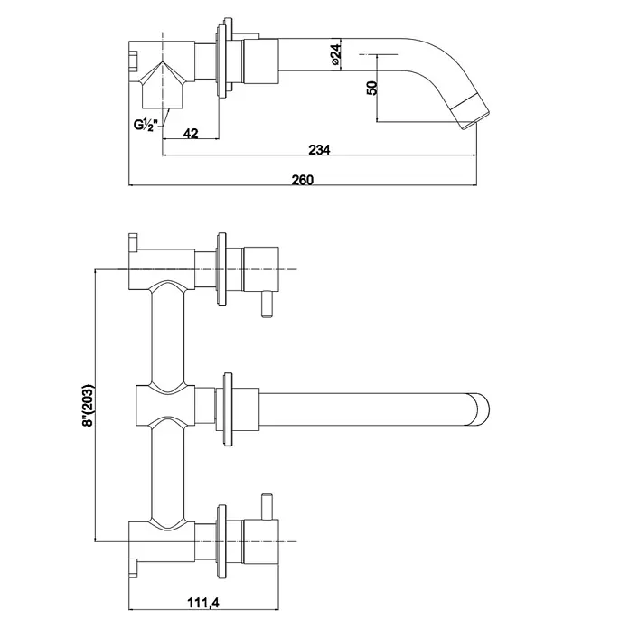 Kiamami Valentina Badewannenarmatur - Silber - Technische Zeichnung einer wandmontierten Zweigriff-Armatur mit G1/2"-Anschlüssen und 8"(203mm) Griffabstand.