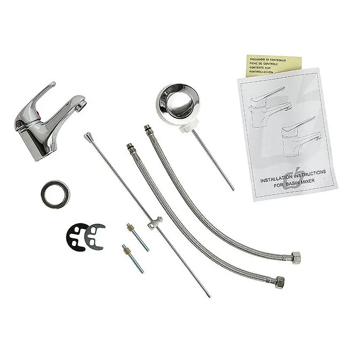 Kiamami Valentina Waschtischarmatur - Silber - Installationsset für eine verchromte Waschtischarmatur, inklusive flexibler Schläuche, Ablaufgarnitur und Montagematerial.