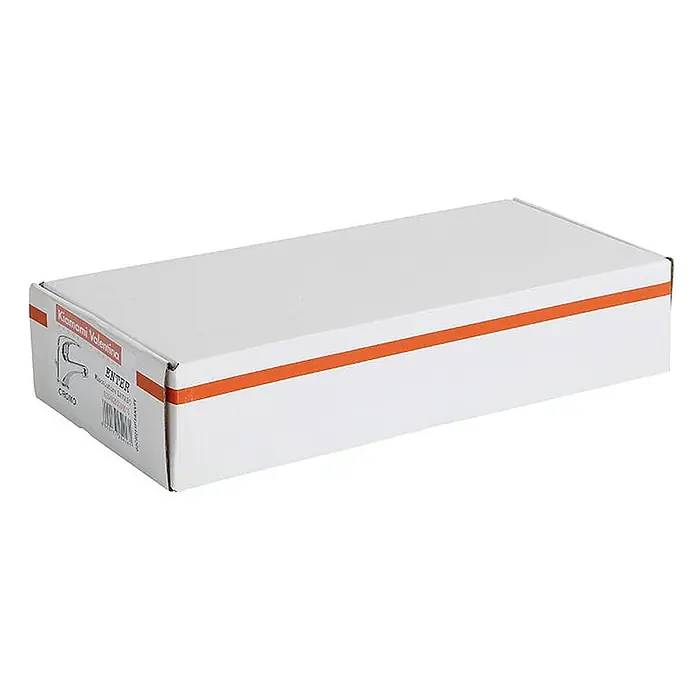 Kiamami Valentina Waschtischarmatur - Silber - Weißer Karton für eine Kiamami Valentina Armatur, mit orangefarbenen Streifen und Produktdetails.