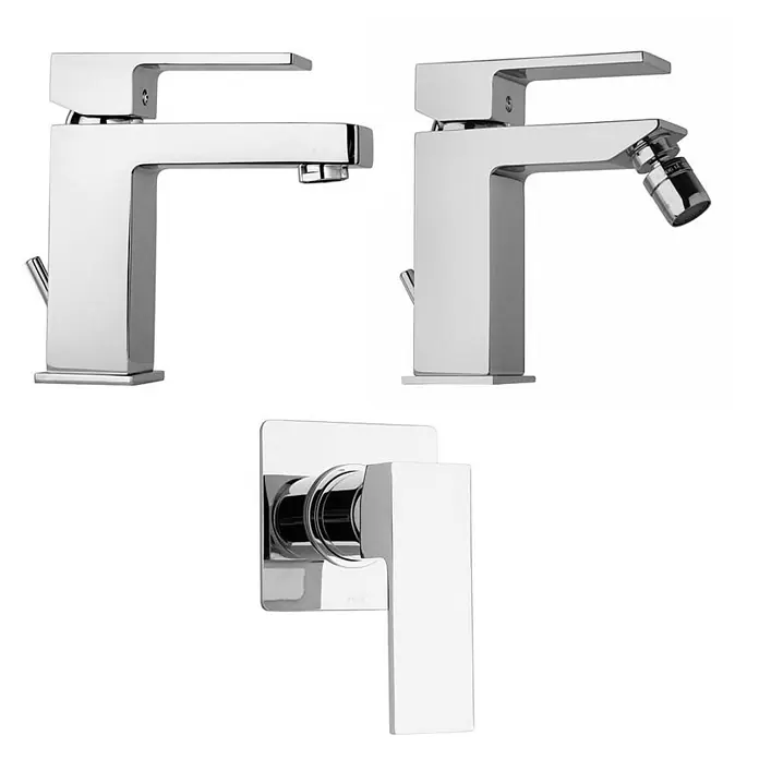 Kiamami Valentina Badewannenarmatur - Silber - Poliertes Chrom-Badezimmer-Set: zwei moderne Waschtischarmaturen (eine mit Bidetbrause) und ein wandmontierter Duschmischer.