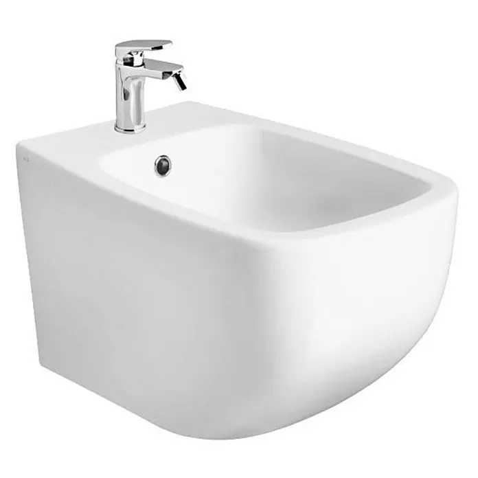 Kiamami Valentina Wand-WC-Kombination - Spülrandlos, WC Abgang: Senkrecht, Weiß - Weißes wandhängendes Keramik-Bidet mit Chromarmatur und Überlauf.
