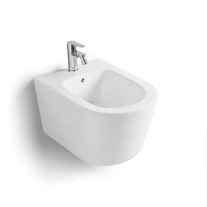 Kiamami Valentina Wand-Bidet - 520 x 360 cm, Weiß, Keramik - Weißes wandhängendes Keramik-Bidet mit modernem Chrom-Wasserhahn.