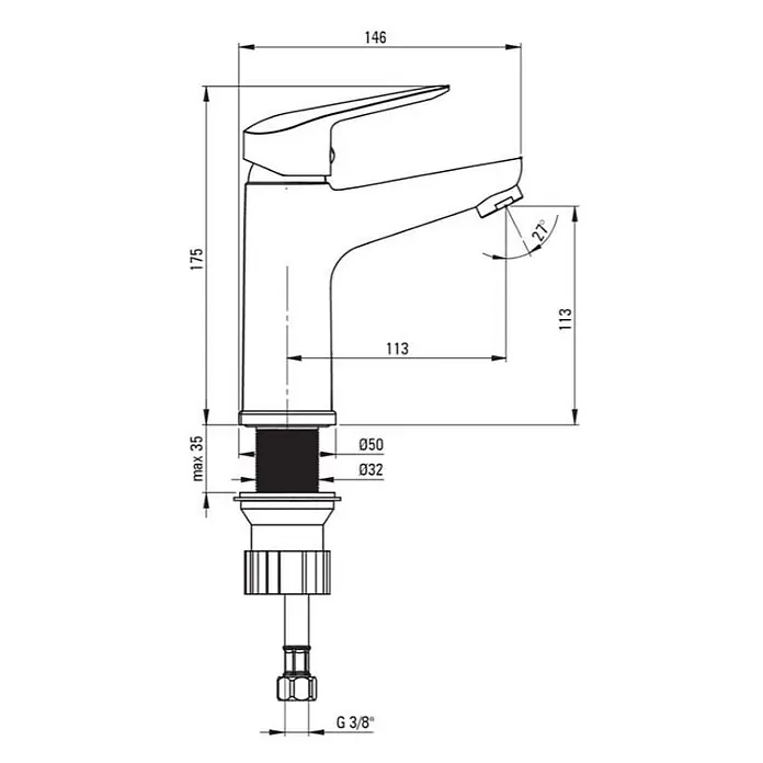Kiamami Valentina Waschtischarmatur - Silber - Technische Zeichnung eines Einhebel-Waschtischmischers mit Maßen, Gesamthöhe 175mm und Ausladung 113mm.