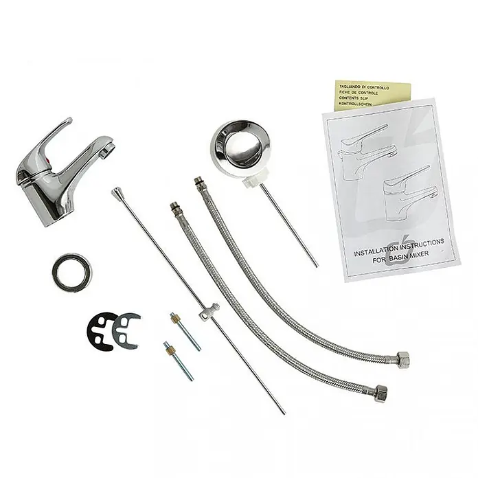 Kiamami Valentina Badewannenarmatur - Silber - Zerlegtes Chrom-Waschtischarmatur-Set mit Wasserhahn, Schläuchen, Ablaufgarnitur und Installationsanleitung.