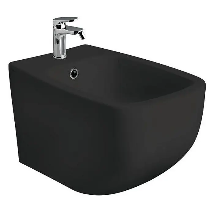 Kiamami Valentina Wand-WC-Kombination - Spülrandlos, WC Abgang: Senkrecht, Schwarz - Mattschwarzes Wand-Bidet mit Chromarmatur.