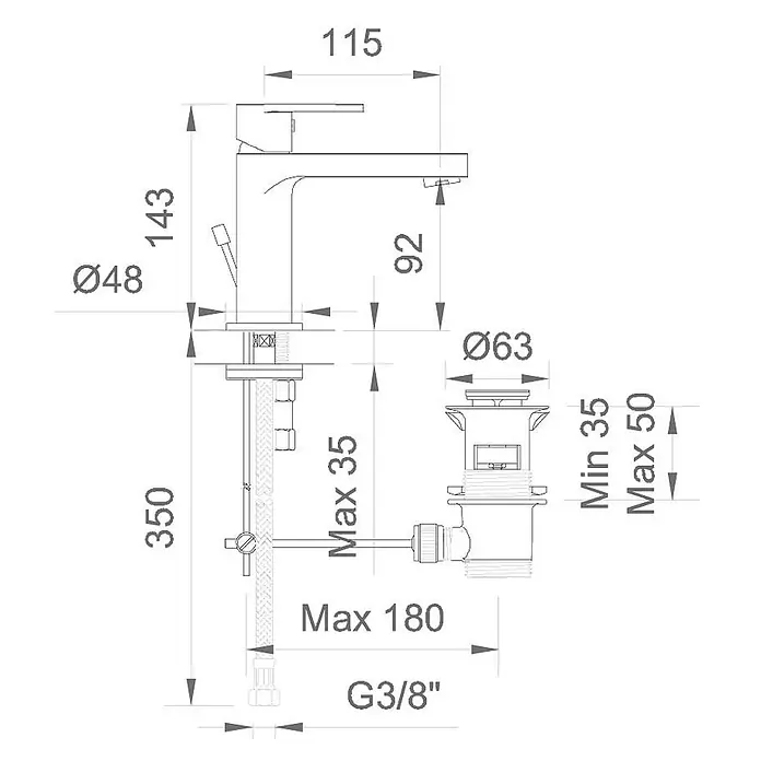 Kiamami Valentina Waschtischarmatur - Schwarz - Technisches Diagramm eines Bad-Waschtischmischers und des zugehörigen Ablaufventils mit Maßen und Anschlüssen.