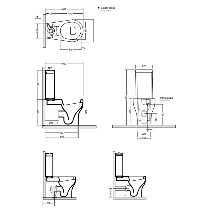 Kiamami Valentina Stand-WC - Spülrandlos, WC Abgang: Senkrecht, Weiß - Technische Zeichnung einer Toilette mit Maßen und Installationsdetails, zeigt Drauf-, Seiten- und Vorderansichten.