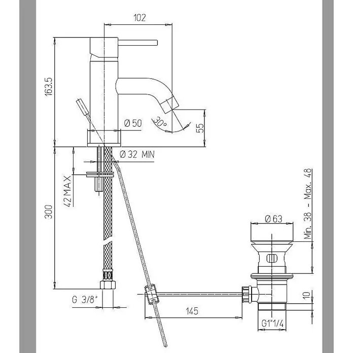 Kiamami Valentina Waschtischarmatur - Silber - Technische Zeichnung eines Einhebel-Waschtischmischers mit Zugstangenablaufgarnitur und Installationsmaßen.