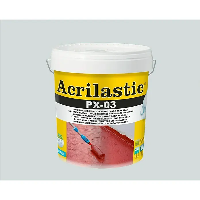 Baixens Impermeabilizante Acrilastic PX-03 - Gris, 4 l - Imagen de un cubo Acrilastic PX-03, un material impermeabilizante elástico para terrazas. Perfecto para uso en exteriores y para sellar superficies.