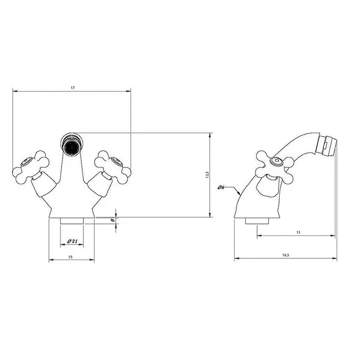 Kiamami Valentina Badewannenarmatur - Silber - Technisches Diagramm eines dreilochigen Waschtischmischers mit Kreuzgriffen und mittigem Auslauf, mit detaillierten Maßen.