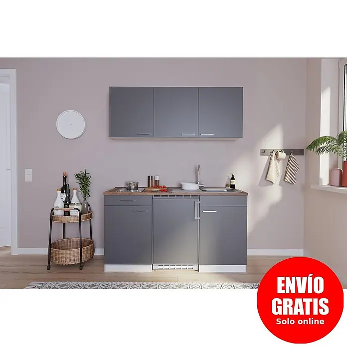 Respekta Cocina compacta Luis - Ancho: 150 cm, Gris, Frigorífico y placa vitrocerámica - Cocina compacta gris moderna con encimera de madera, fregadero, vitrocerámica y mini-nevera.
