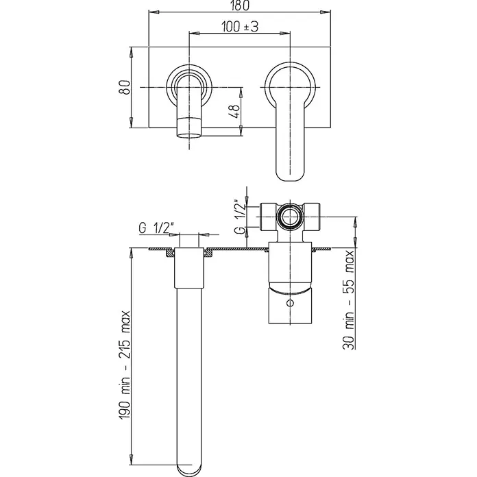 Kiamami Valentina Waschtischarmatur - Silber - Technische Zeichnung: Unterputz-Duschmischer mit G 1/2" Anschlüssen und Einbaumaßen.