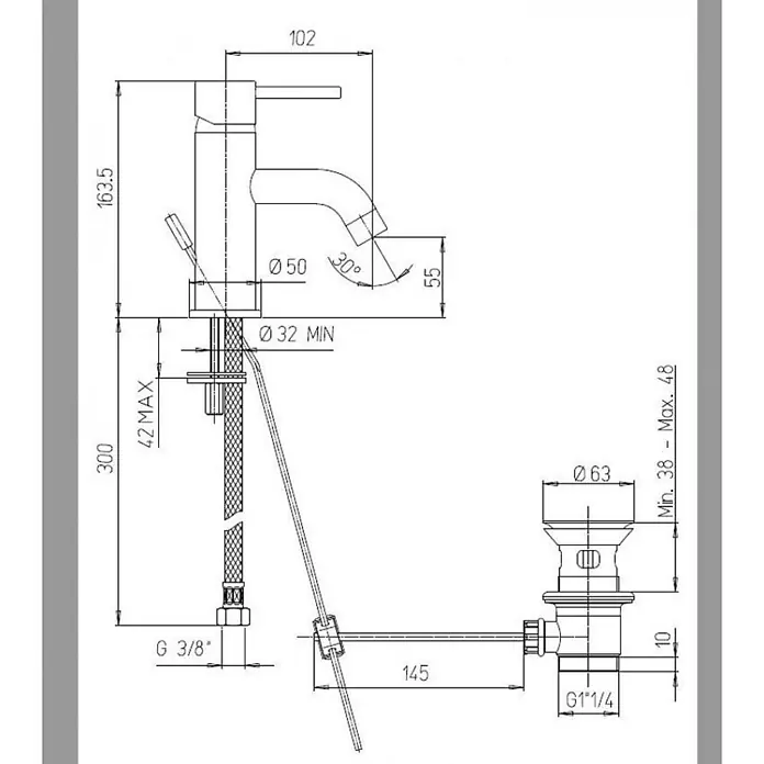 Kiamami Valentina Badewannenarmatur - Silber - Technische Zeichnung eines Einhebel-Waschtischmischers und einer Ablaufgarnitur, inkl. Maße und Anschlussdetails.