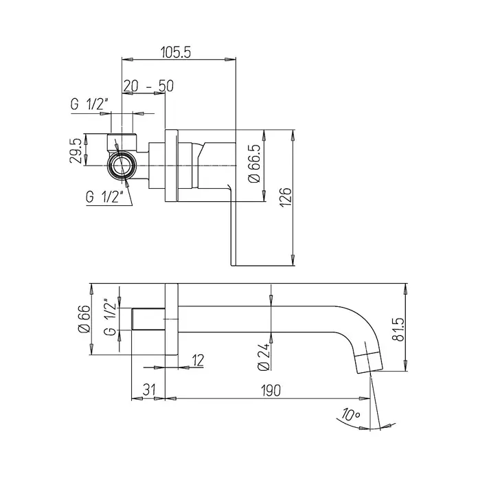 Kiamami Valentina Waschtischarmatur - Silber - Technische Zeichnung eines wandmontierten Wasserhahn/Auslaufs mit Abmessungen.