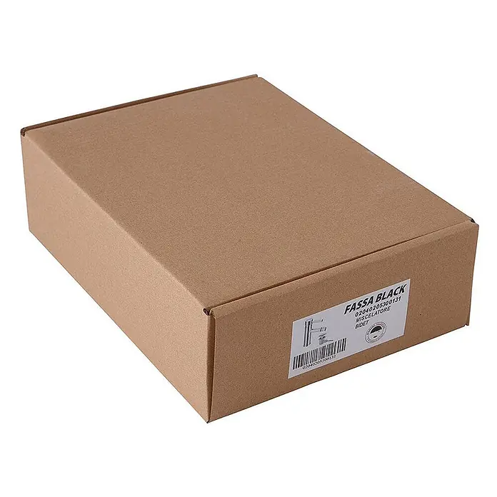 Kiamami Valentina Badewannenarmatur - Schwarz - Brauner Karton für einen Fassa Black Bidetmischer mit Produktetikett und Barcode.