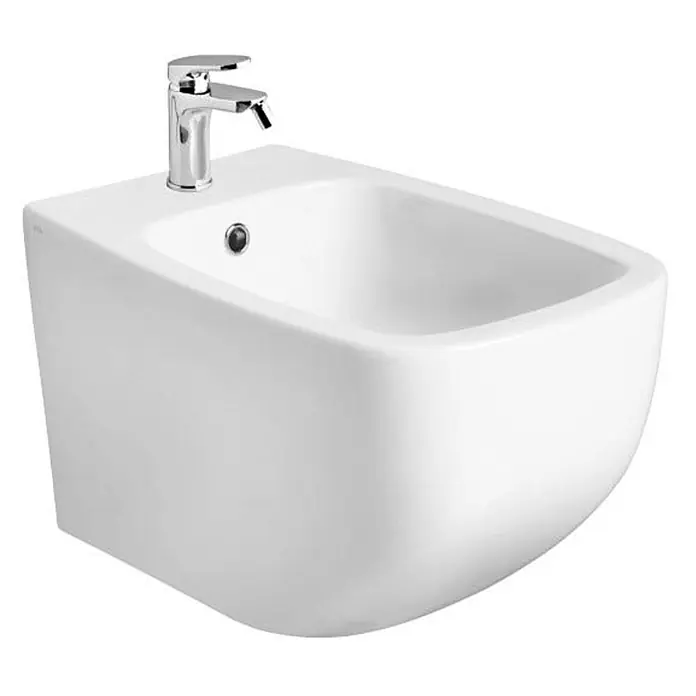 Kiamami Valentina Wand-WC-Kombination - Spülrandlos, WC Abgang: Senkrecht, Weiß - Weißes wandhängendes Keramik-Bidet mit Chromarmatur.