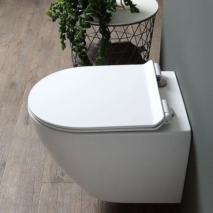 Kiamami Valentina Wand-WC - Spülrandlos, WC Abgang: Senkrecht, Weiß - Weißes wandhängendes WC mit geschlossenem Deckel in einem modernen Bad mit Pflanze und Holzboden.