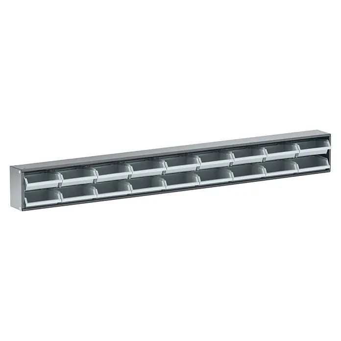 Küpper Sichtlagerkasten-Leiste - L x B x H: 10 x 120 x 14 cm, 18 Sichtboxen (13 x 10 cm) - Graues modulares Kleinteilemagazin mit zwei Reihen transparenten hellgrauen Schubladen.