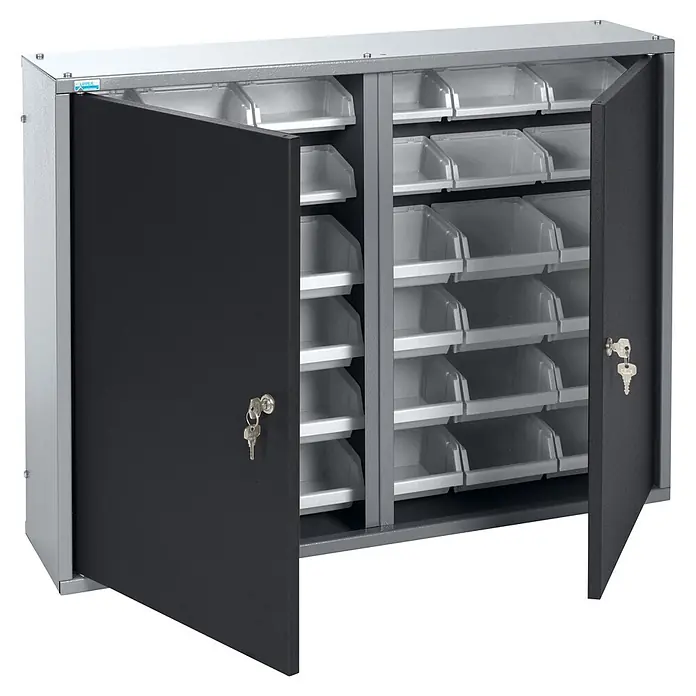 Küpper Hängeschrank - L x B x H: 80 x 20 x 60 cm, Schwarz/Anthrazit, Pulverbeschichtet, Anzahl Türen: 2 Stk. - Grauer Metallschrank mit zwei offenen schwarzen Türen, transparenten Sortierkästen und Schlüsseln in den Schlössern, zur Kleinteilelagerung.