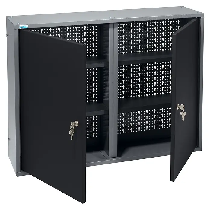 Küpper Hängeschrank - Schwarz/Anthrazit, L x B x H: 80 x 20 x 60 cm - Grauer und schwarzer Metallschrank mit offenen Türen, Lochblech-Rückwand, Ablagefächern und Schlüsseln im Schloss.