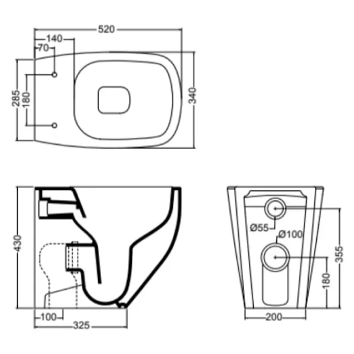 Kiamami Valentina Stand-WC - Spülrandlos, WC Abgang: Senkrecht, Beige - Technische Zeichnung einer weißen Keramik-Wandtoilette mit detaillierten Maßen von oben, Seite und hinten.