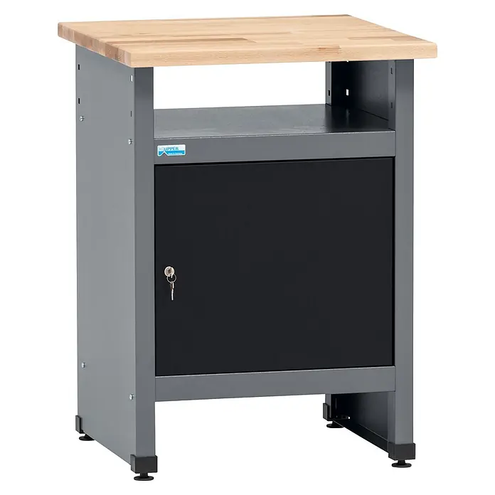 Küpper Werkbank-Beistelltisch - L x B: 60 x 60 cm, Arbeitshöhe: 84 cm, Schwarz/Anthrazit - Graue Metallwerkbank mit heller Holzplatte, offener Ablage und abschließbarem schwarzem Schrank mit Schlüssel.