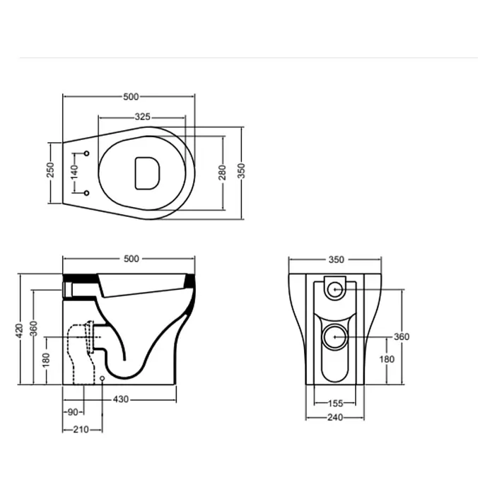 Kiamami Valentina Stand-WC - Spülrandlos, WC Abgang: Senkrecht, Weiß - Technische Zeichnung einer weißen Keramik-Toilettenschüssel mit Maßen für Installation.