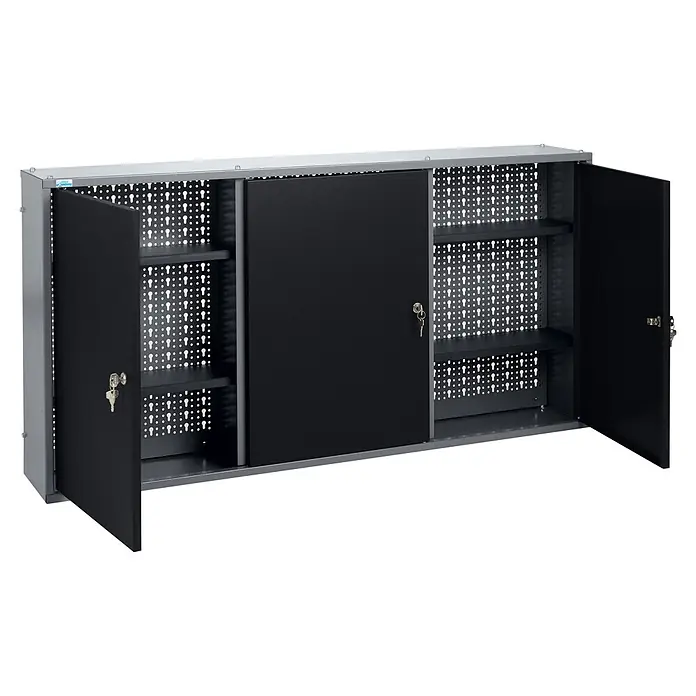 Küpper Hängeschrank - L x B x H: 20 x 120 x 60 cm, Anzahl Türen: 3 Stk. - Grauer Metall-Wandschrank mit schwarzen Flügel- und Schiebetüren, gelochten Rückwänden und Fachböden. Schlüssel stecken in den Schlössern.