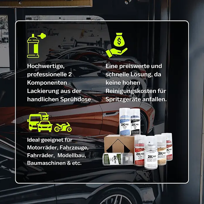 2K PRO 2 Komponenten Sprühfarbe 250ml RAL7021 Chassisgrau Glanz -  - Mehrere 2K PRO 2-Komponenten-Sprühdosen in verschiedenen Farben, ideal für Fahrzeuge, Fahrräder und Maschinen, in einem Autohaus.