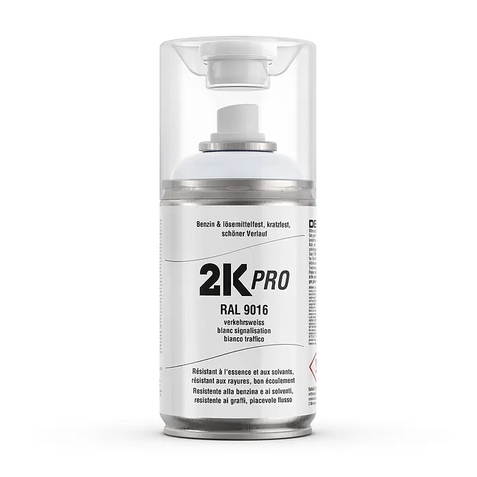 2K Pro Farbspray 2 Komponenten Sprühfarbe 250ml RAL9016 Verkehrsweiss Glanz - RAL9016 - Verkehrsweiss Glanz, Sprühdose - Weiße 2K PRO Sprühdose, Farbton RAL 9016 Verkehrsweiß. Benzin- und lösemittelfest, kratzfest, schöner Verlauf.