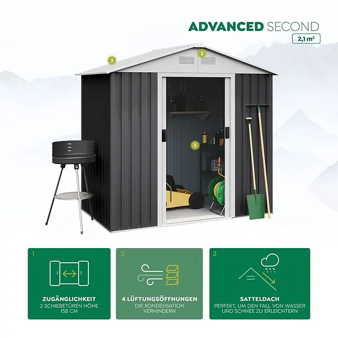Hoggar Gerätehaus Advanced - Außenmaß inkl. Dachüberstand (B x T): 214 x 130 cm, Stahl, Anthrazit/Weiß - Dunkelgraues Metallgartenhaus mit hellgrauem Satteldach, Schiebetüren und Belüftung für optimale Lagerung.