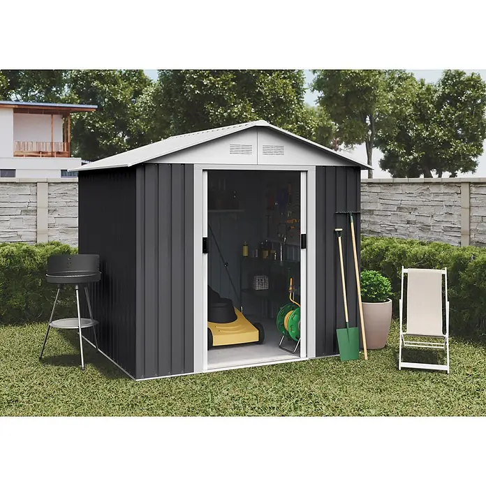Hoggar Gerätehaus Advanced - Außenmaß inkl. Dachüberstand (B x T): 258 x 213 cm, Stahl, Anthrazit/Weiß - Anthrazitfarbener Metall-Gartenschuppen mit offenen Schiebetüren, der Werkzeuge und Geräte zeigt.