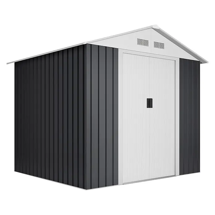 Hoggar Gerätehaus Advanced - Außenmaß inkl. Dachüberstand (B x T): 258 x 213 cm, Stahl, Anthrazit/Weiß - Dunkelgraues Metallgerätehaus mit weißem Giebeldach und weißen Schiebetüren, mit integrierten Lüftungsschlitzen.