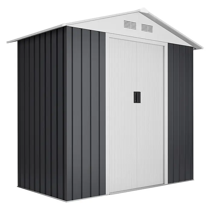 Hoggar Gerätehaus Advanced - Außenmaß inkl. Dachüberstand (B x T): 214 x 130 cm, Stahl, Anthrazit/Weiß - Dunkelgrauer Metall-Gartenschuppen mit weißem Giebeldach und Schiebetür, ideal zur Aufbewahrung im Freien.