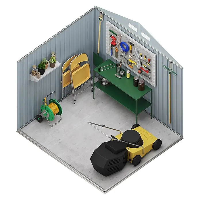 Hoggar Gerätehaus Advanced - Außenmaß inkl. Dachüberstand (B x T): 258 x 213 cm, Stahl, Anthrazit/Weiß - Isometrische Ansicht eines gut organisierten Geräteschuppen-Innenraums. Rasenmäher, Schlauchtrommel, Werkbank und Pflanzenregal sind zu sehen.