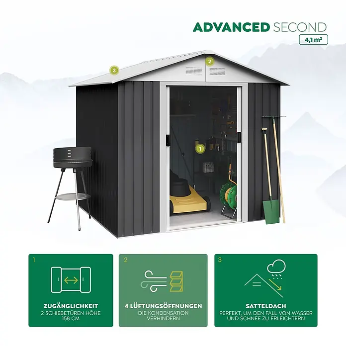 Hoggar Gerätehaus Advanced - Außenmaß inkl. Dachüberstand (B x T): 258 x 213 cm, Stahl, Anthrazit/Weiß - Dunkelgrauer Metall-Gartenschuppen (4,1 m²) mit weißem Dach, Schiebetüren, Belüftung und Satteldach.
