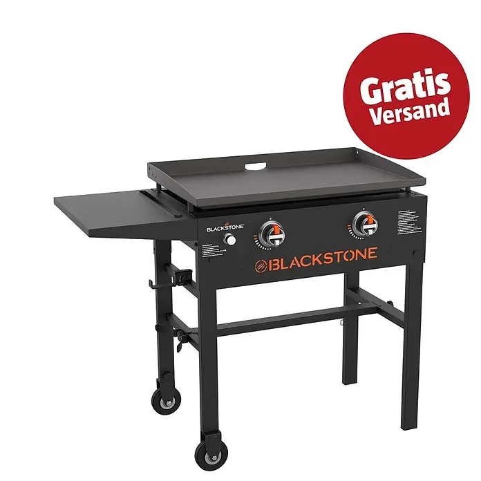 Blackstone Plancha-Grill 28" - Grillfläche (B x T): 73 x 45 cm, 10 kW, Anzahl Brenner: 2 Stk. - Schwarze Blackstone Grillplatte mit Seitenablage und Rollen.