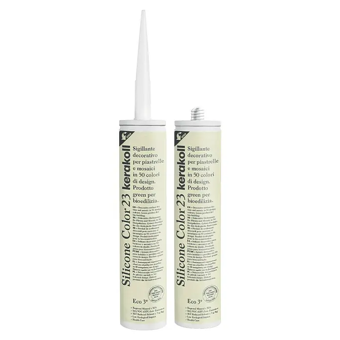 Kerakoll Silicona universal Color - Tono de color: 23, 310 ml - Dos tubos de Kerakoll Silicone Color 23, un sellante decorativo para baldosas y mosaicos en 50 colores de diseño. Producto verde.