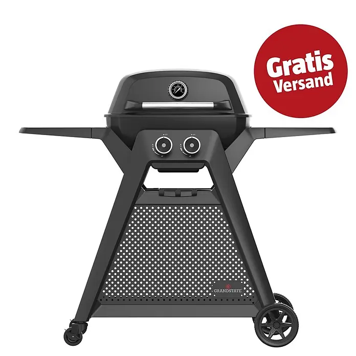 Grandstate Gasgrill Black Kite 200 - Grillfläche (B x T): 57 x 38 cm, 7,2 kW, Anzahl Brenner: 2 Stk. - Schwarzer Gasgrill mit Seitenablagen, zwei Bedienknöpfen und einem Deckelthermometer. Mit perforierter Basis und Rollen.