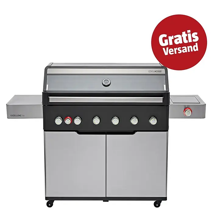 Edelheiss Gasgrill Exzellenz 1.6 - Grillfläche (B x T): 103 x 45,5 cm, 25,2 kW, Anzahl Brenner: 6 Stk. - Schwarz-silberner Gasgrill mit mehreren Brennern, Seitenablagen, eingebautem Thermometer und Rollenschrank.