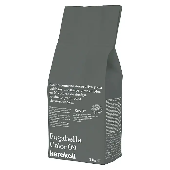 Kerakoll Mortero para juntas - cemento Fugabella - Color: 09, 3 kg - Imagen de un paquete de 3 kg de Fugabella Color 09 Kerakoll, un cemento-resina decorativo para baldosas, mosaicos y mármoles.