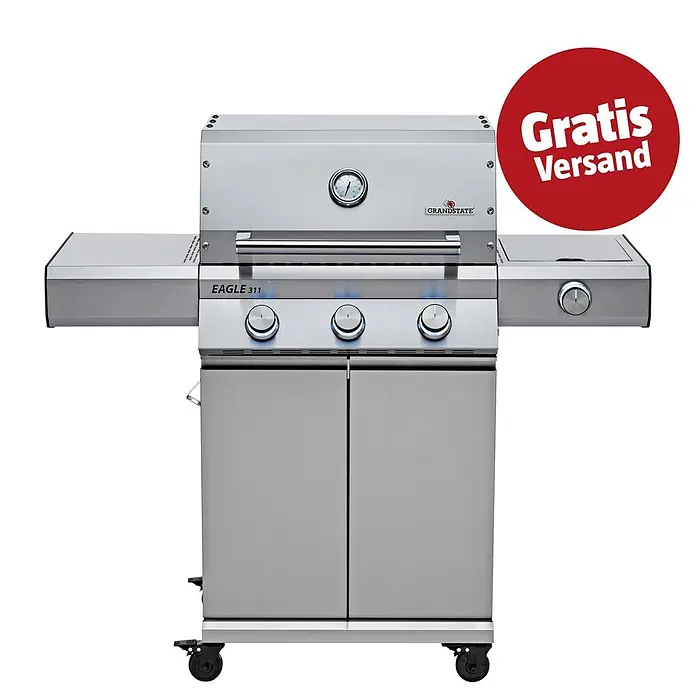 Grandstate Gasgrill Eagle 311 - Grillfläche (B x T): 60 x 45 cm, 10,5 kW, Anzahl Brenner: 3 Stk., Material Grillfläche: Gusseisen - Edelstahl-Gasgrill 'EAGLE 311' mit drei Hauptbrennern, Seitenbrenner, integriertem Thermometer und Unterschränken, auf Rollen.