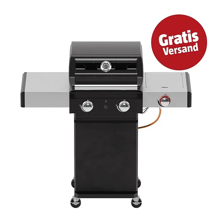 Grillstar Gasgrill Powerburner 250-1 - Grillfläche (B x T): 50 x 41 cm, 5,86 kW, Anzahl Brenner: 2 - Schwarzer Gasgrill mit silbernen Seitenablagen und Bedienelementen, inklusive eingebautem Thermometer.