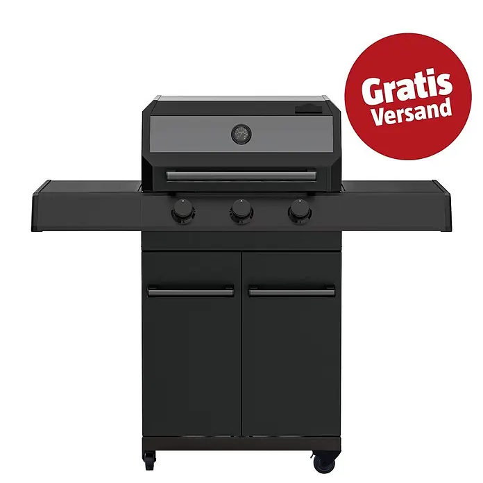Kingstone KMS Gasgrill Cliff 3000 Beast Black Edition - Grillfläche (B x T): 61 x 45 cm, 10,5 kW, Anzahl Brenner: 3 Stk. - Schwarzer Gasgrill mit Seitenablagen, Temperaturanzeige und Unterschrank, inkl. 'Gratis Versand' Badge.