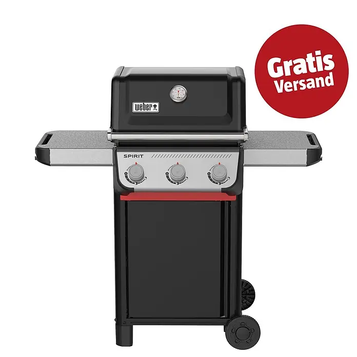 Weber Gasgrill Spirit E-310 - Grillfläche (B x T): 52 x 44 cm, 7 kW, Anzahl Brenner: 3 Stk. - Schwarzer und silberner Weber Spirit Gasgrill mit roten Akzenten, drei Drehreglern und Thermometer. Rotes Emblem: „Gratis Versand“.