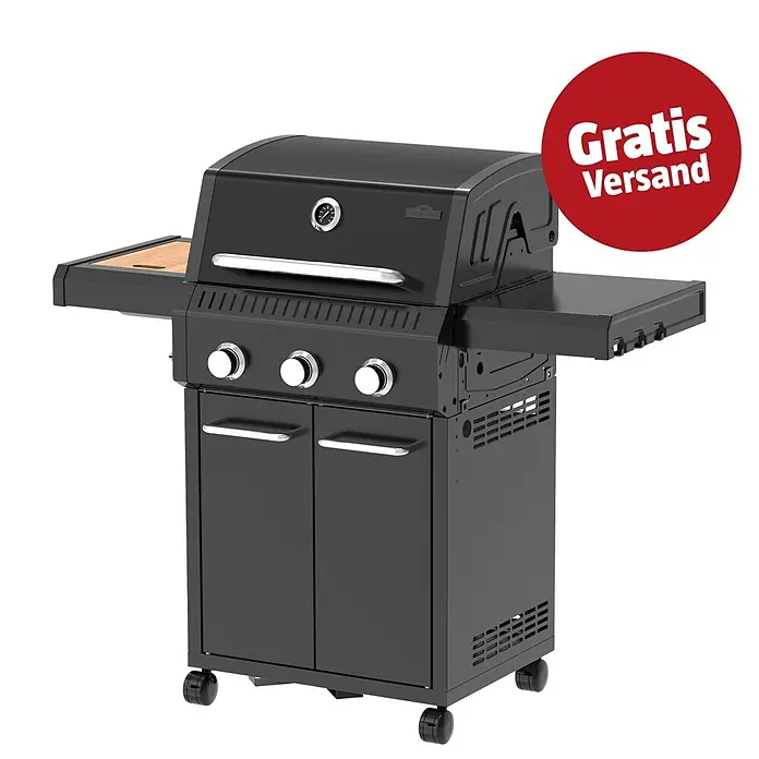 Kingstone Gasgrill Diner 3000 Beast - Grillfläche (B x T): 63,7 x 43 cm, 10,5 kW, Anzahl Brenner: 3 Stk. - Schwarzer Gasgrill mit drei Brennern, Seitenablagen (eine in Holzoptik), integriertem Thermometer und Unterschrank, auf Rollen.