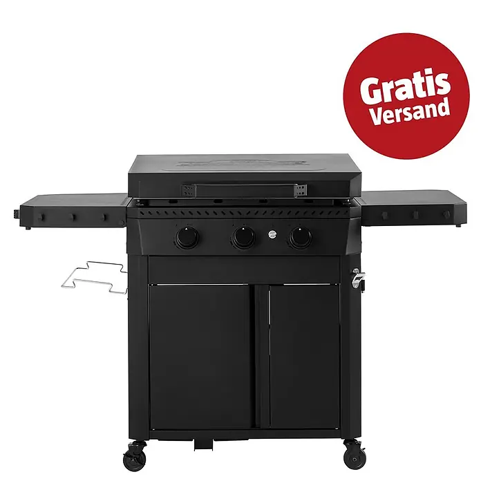Kingstone Plancha-Grill Pro 3000 - Grillfläche (B x T): 71 x 54 cm, 12 kW, Anzahl Brenner: 3 Stk. - Schwarzer Gasgrill mit Seitenablagen, Bedienknöpfen, Unterschrank und Rollen, versehen mit einem roten „Gratis Versand“-Kreis.