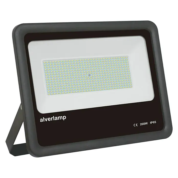 Alverlamp Proyector LED LMN - 200 W, L x An x Al: 42,3 x 7 x 32,3 cm, Negro, Blanco neutro - Primer plano de un foco LED rectangular gris de la marca Alverlamp con la escritura CE 200W IP65.